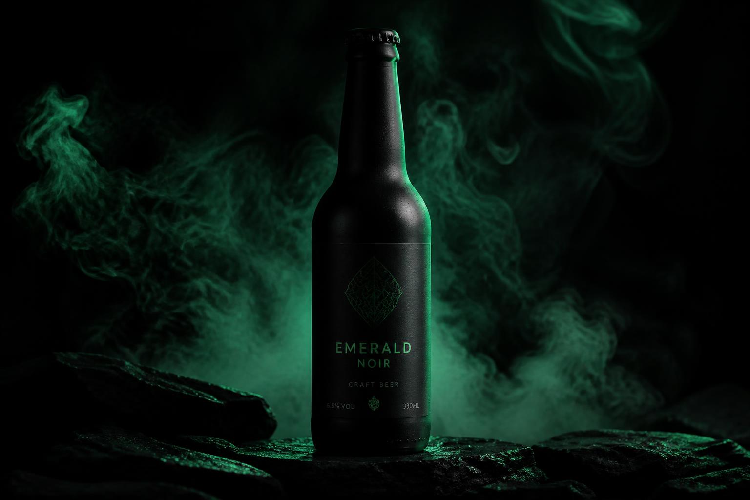 Garrafa de cerveja terpenada preta envolta em fumaça verde